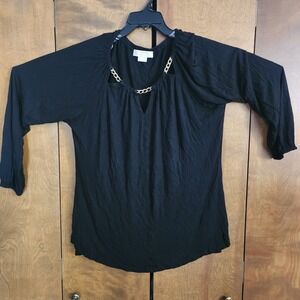 D14  MICHAEL KORS Black Chain Neckline Cutout Long Sleeve Top Plus Size 1X